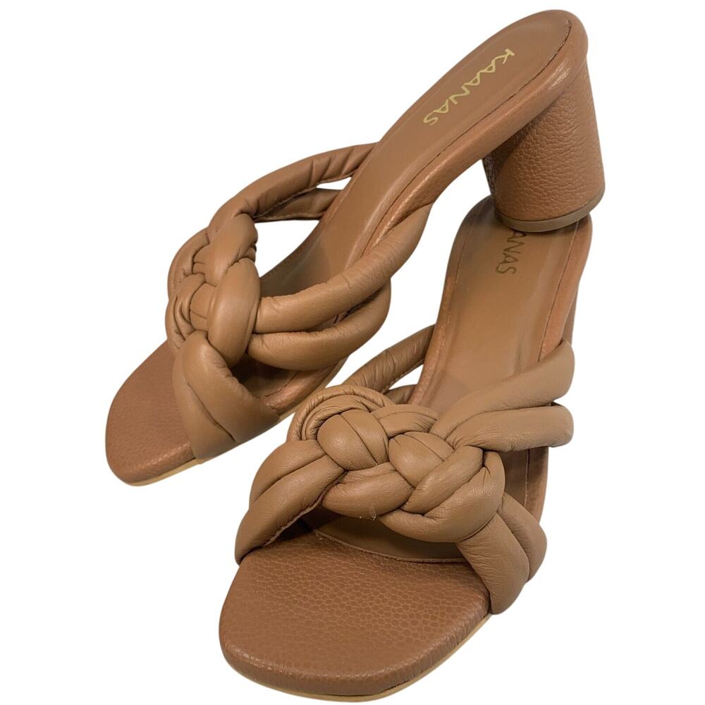 Kaanas Bekasi Sandals 7 Coffee Knot Leather Rope Slip On 2.75" Block Heel EUC